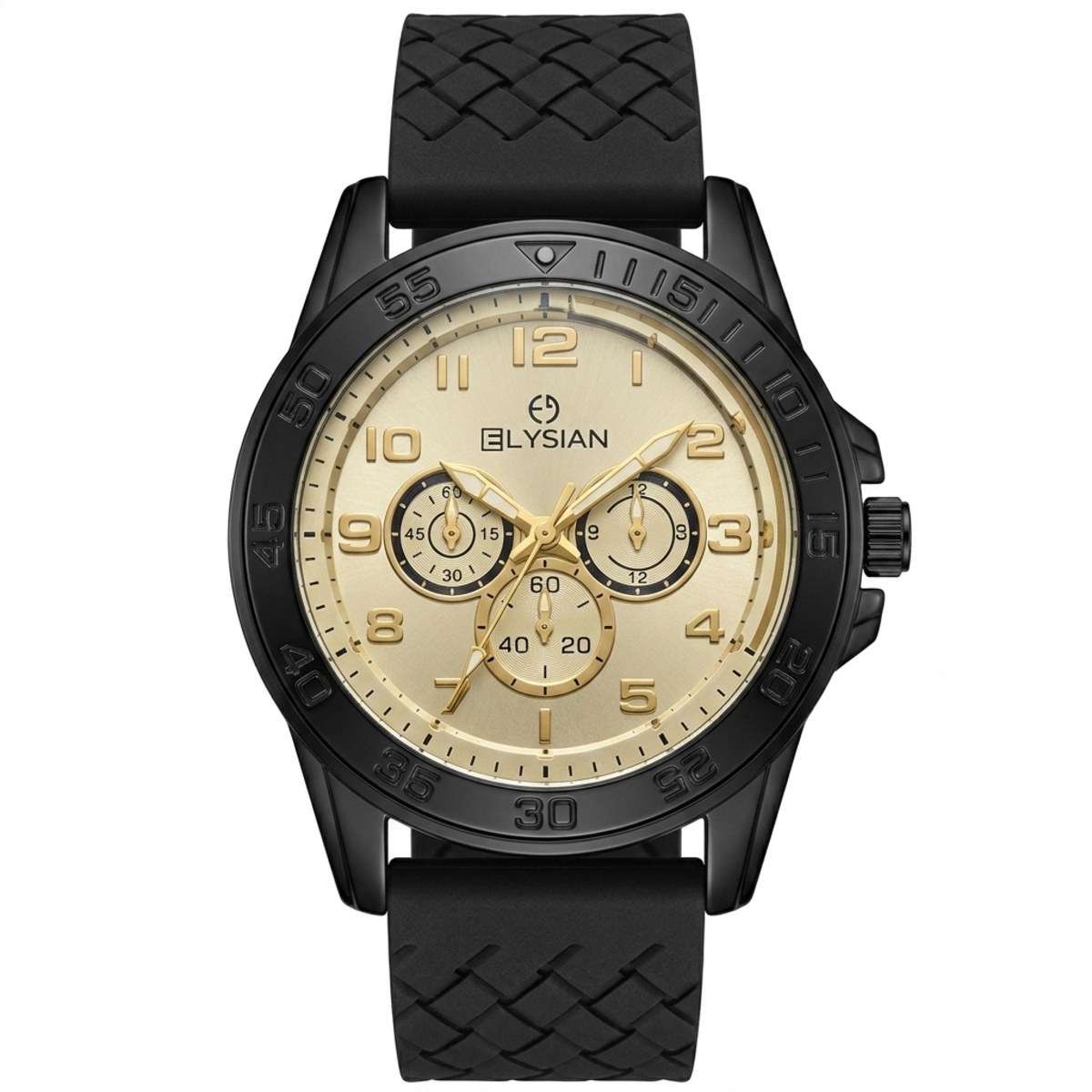 Elysian Rubber Strap Formal Watch For Men In Black & Golden Color