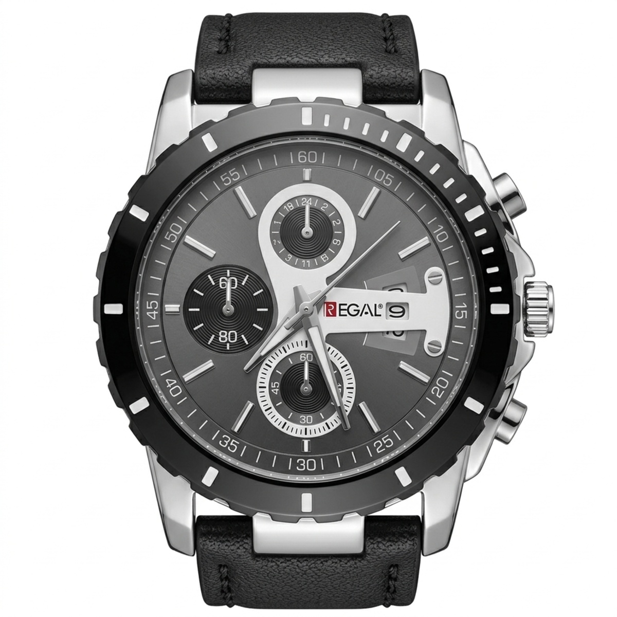 Regal Leather Strap Formal Watch For Men In Black & Silver Color