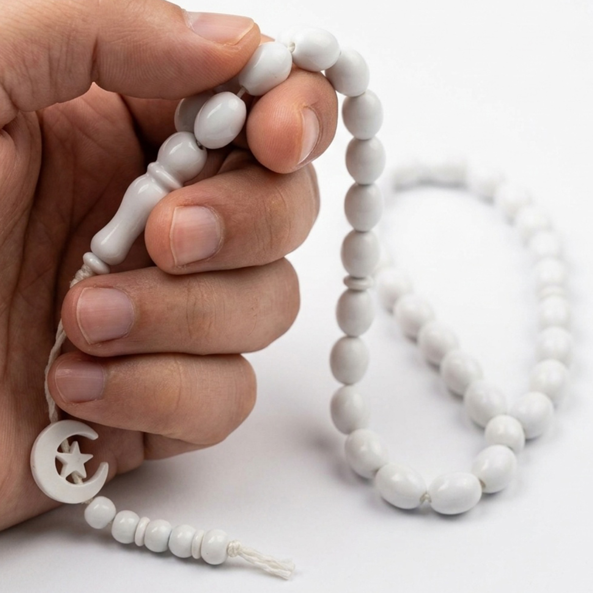 White Prayer Beads With Crescent and Star Charm