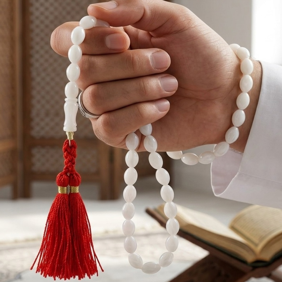 White Prayer Beads With Red Tassel