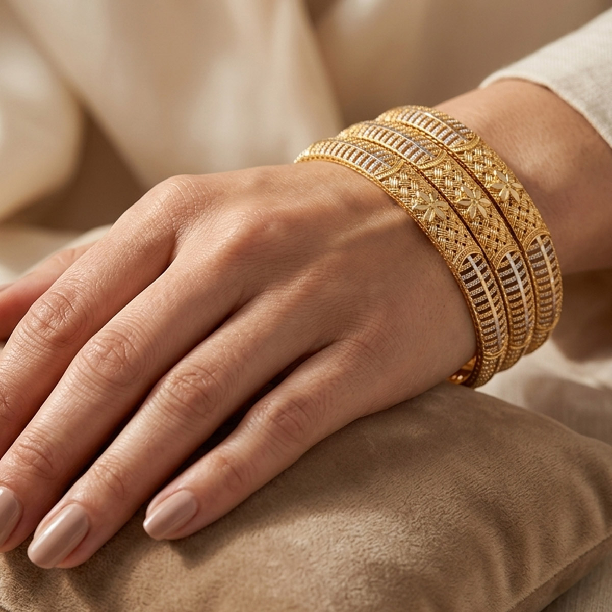 Golden Bangle Set Filigree Design