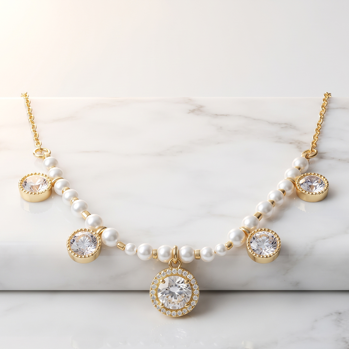 Womens Golden Faux Pearl Choker Necklace With Cubic Zirconia Dangles