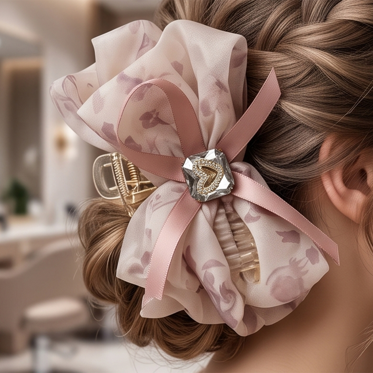 Floral Hair Clip with Ribbon and Heart Embellishment