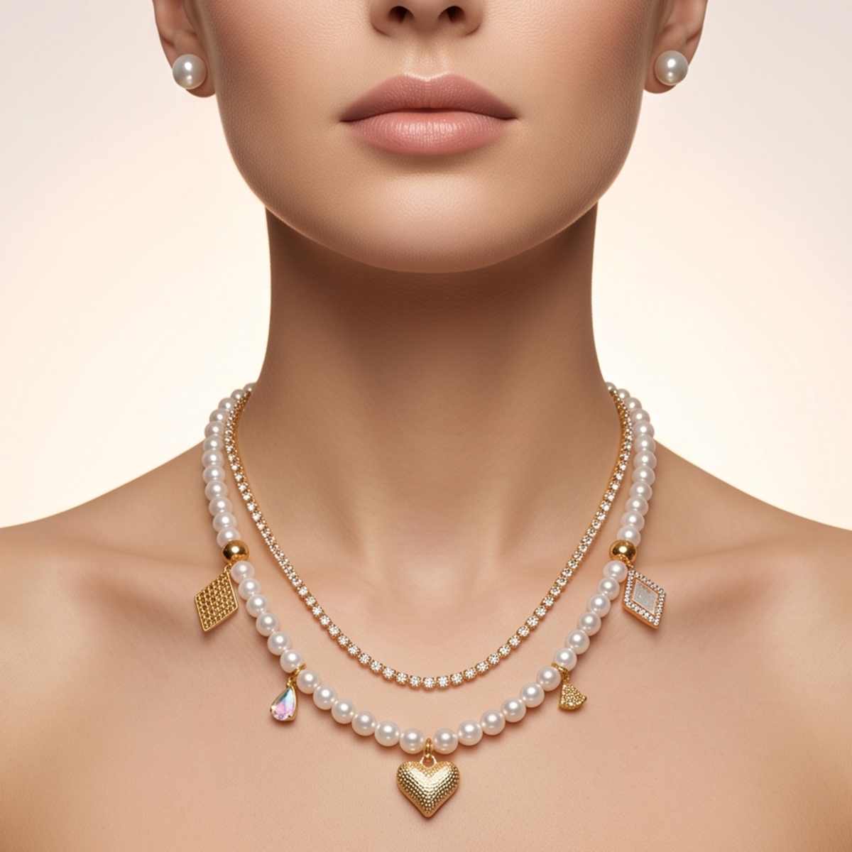 Elegant Pearl and Golden Charm Necklace Set