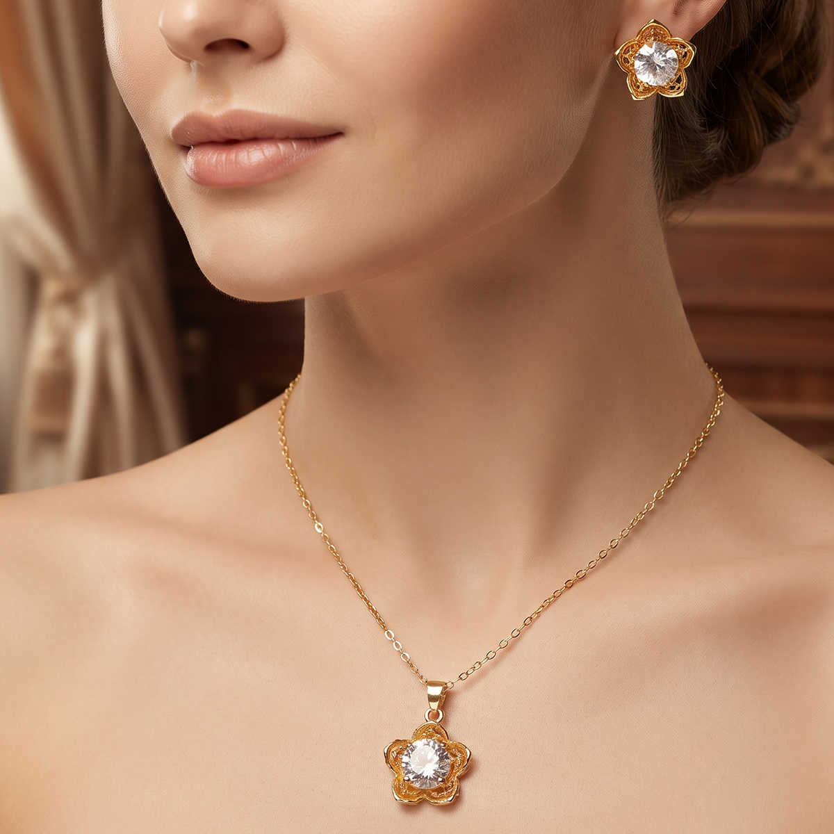 Golden-Tone Floral Locket Set
