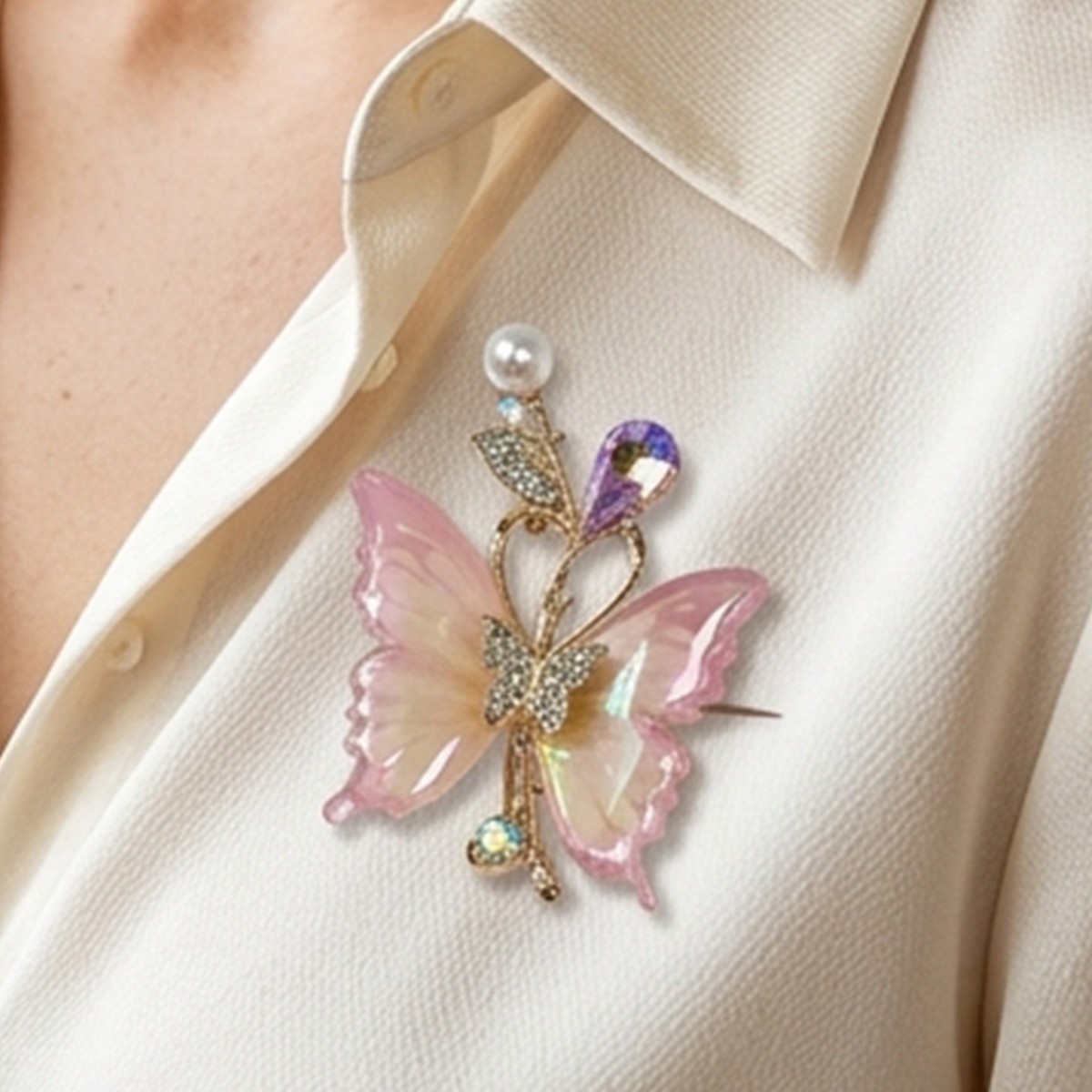 Butterfly Brooch with Crystal and Pearl Accents