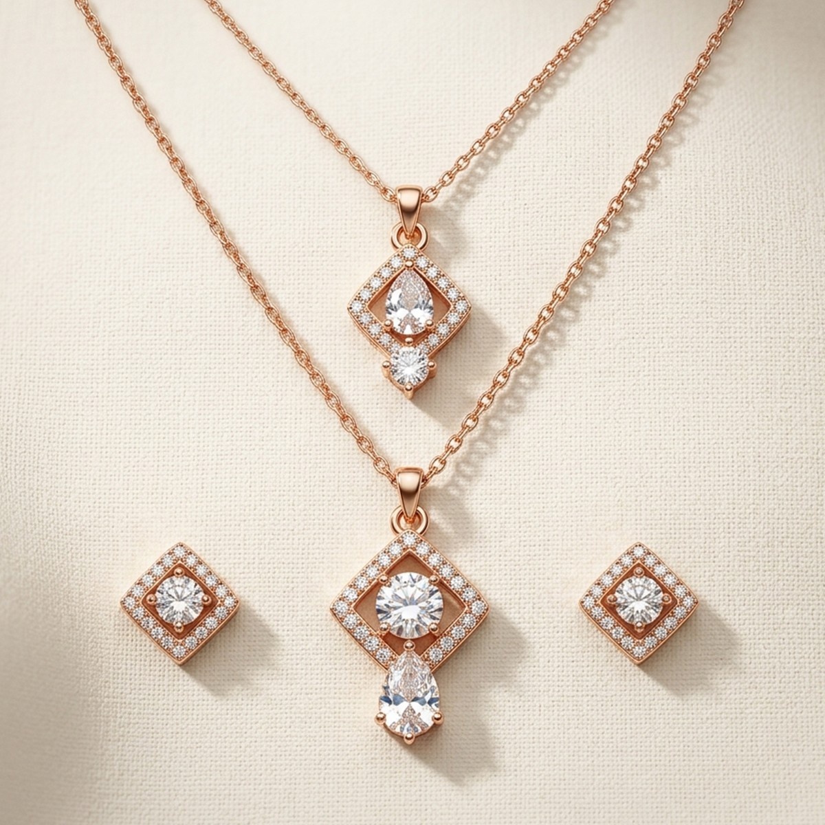 Rose Gold Diamond Pendant Necklace and Earrings Set