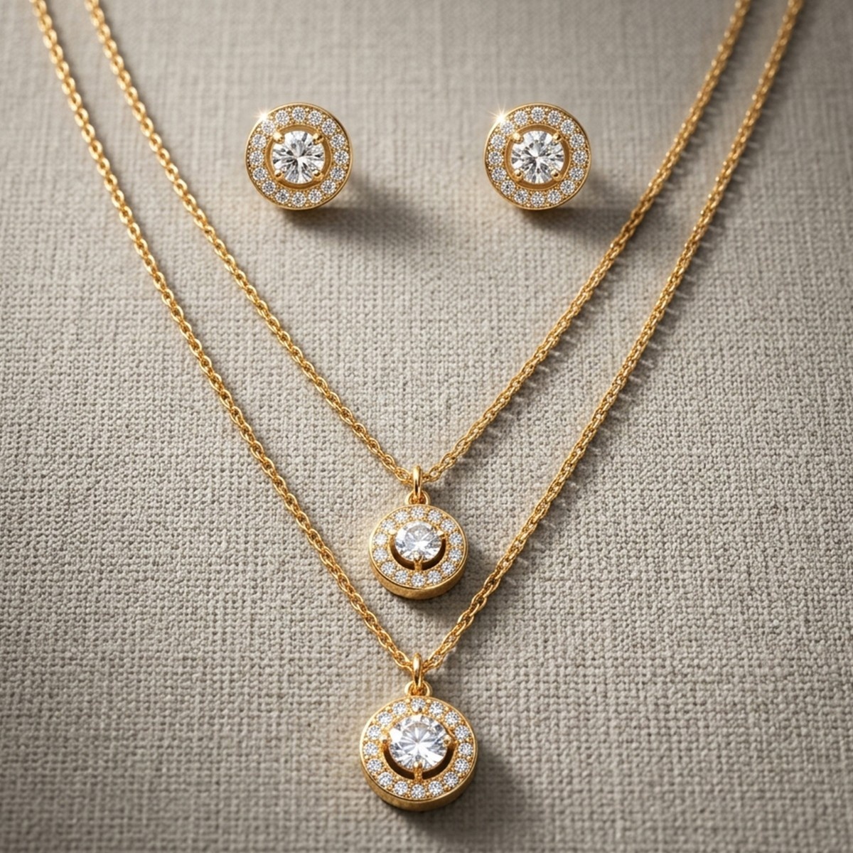 Golden and Diamond Pendant Necklace Earring Set