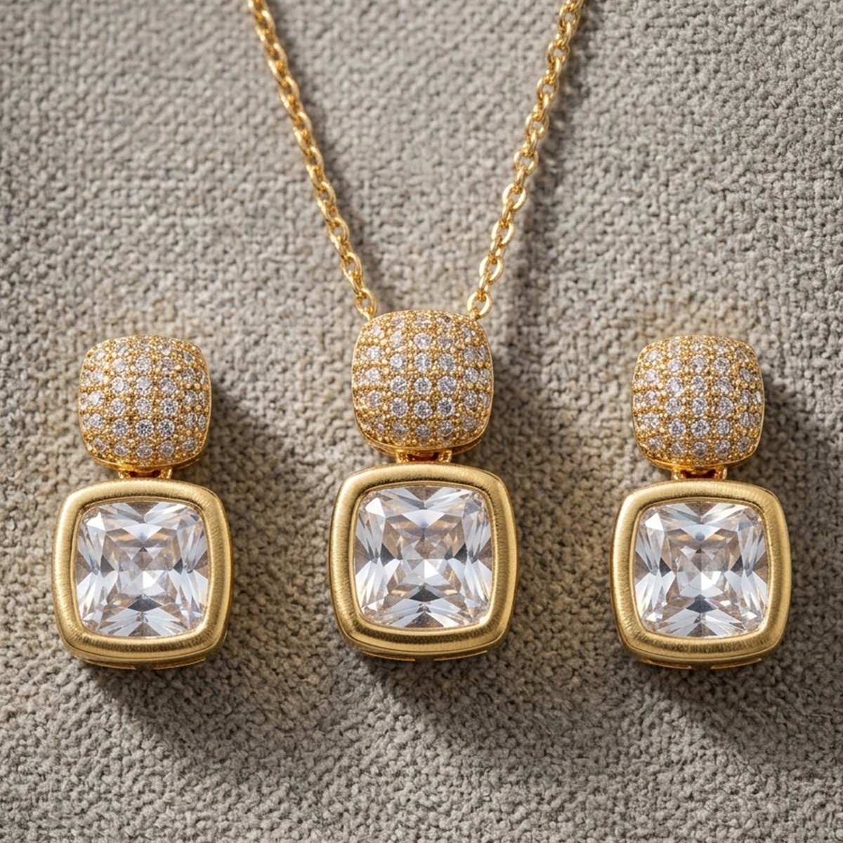 Golden and Diamond Pendant Necklace and Earrings Set