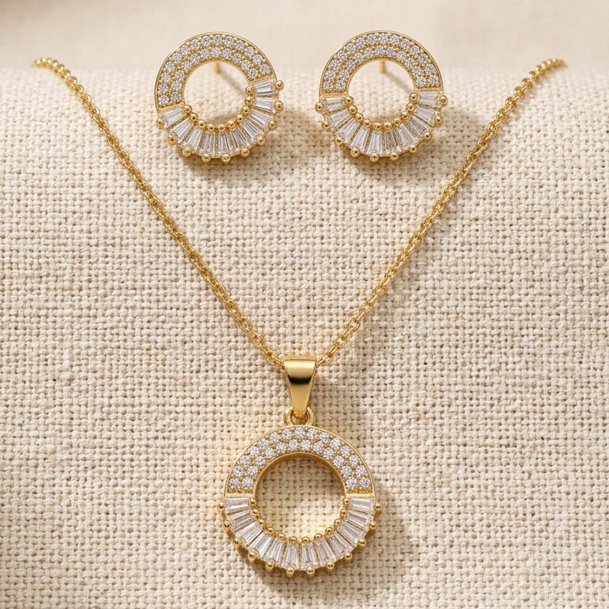 Golden-Tone Circular Pendant Necklace and Earring Set