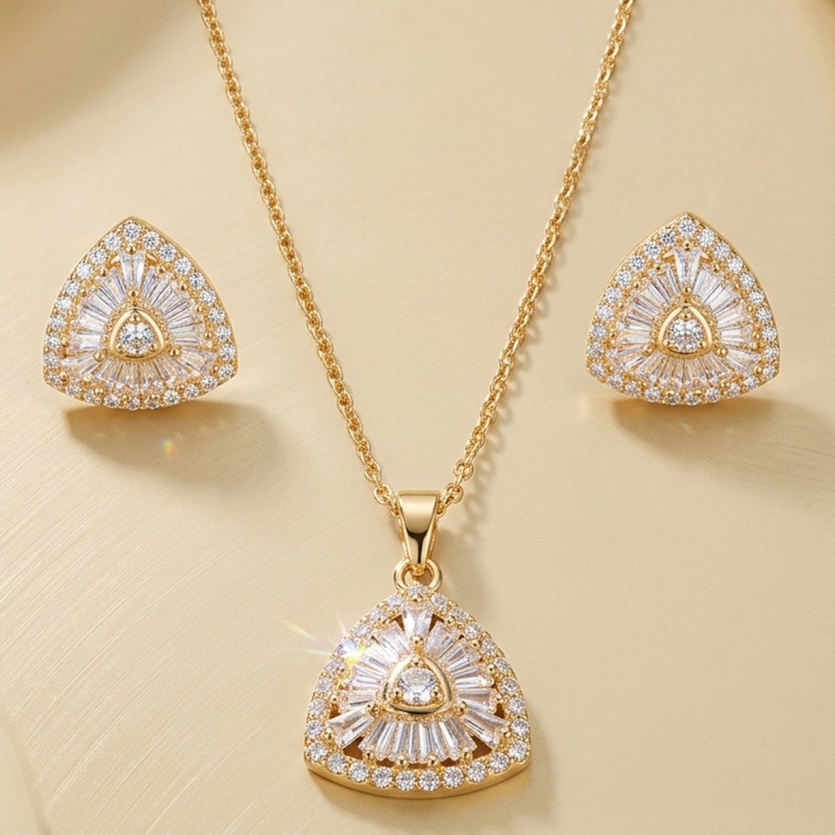Golden Triangle Pendant Necklace and Earrings Set