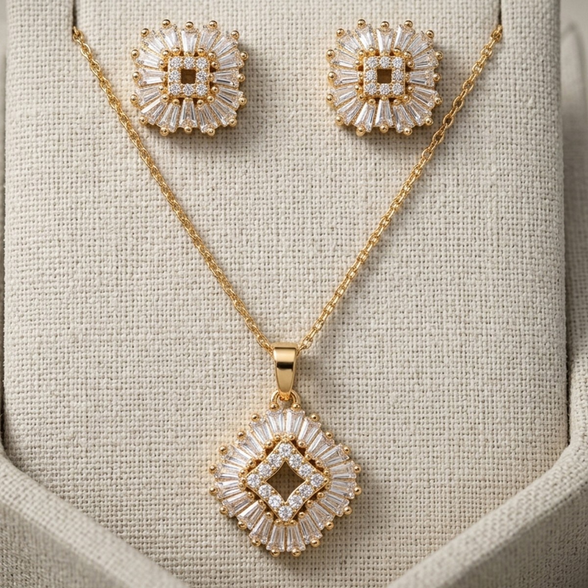 Golden-Tone Square Pendant Necklace and Earrings Set