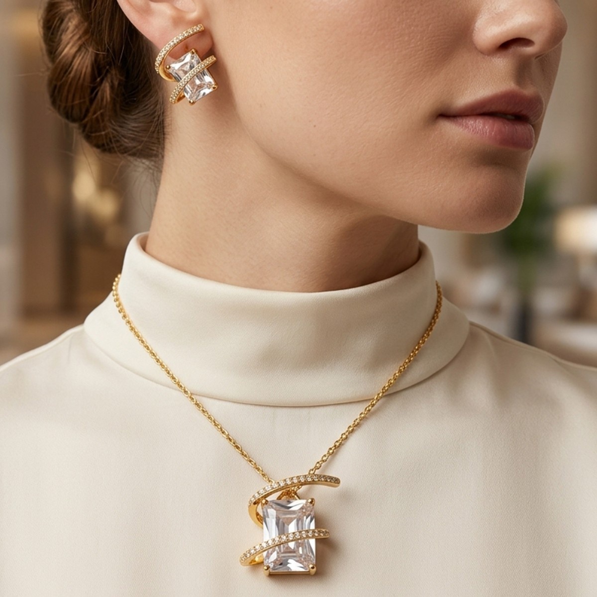 Golden-Tone Crystal Pendant Necklace and Earrings Set