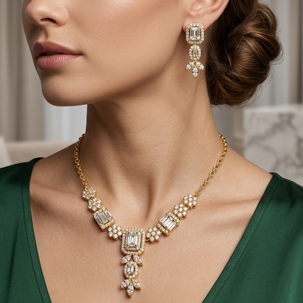 Elegant Golden and Diamond Necklace Earring Set