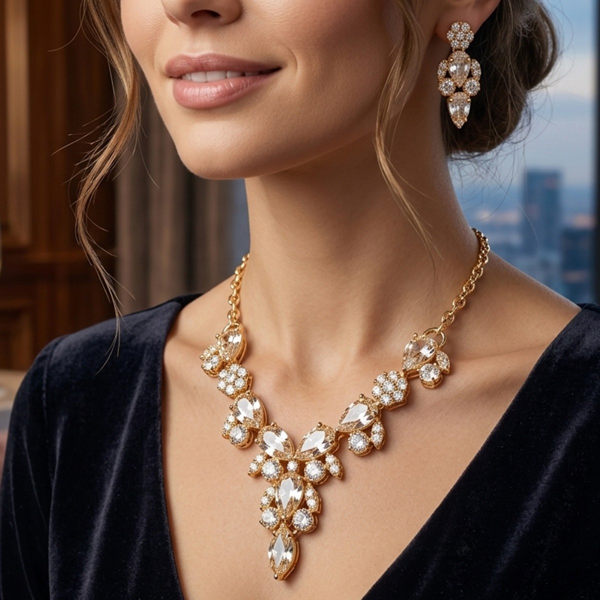 Golden-Tone Crystal Necklace and Earring Set