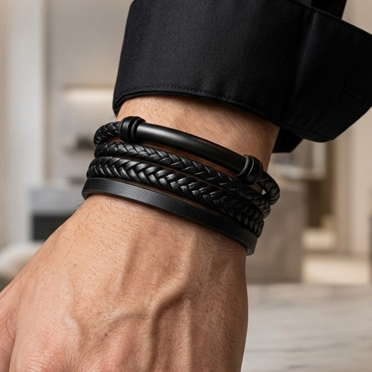 Mens Black Braided Leather Bracelet