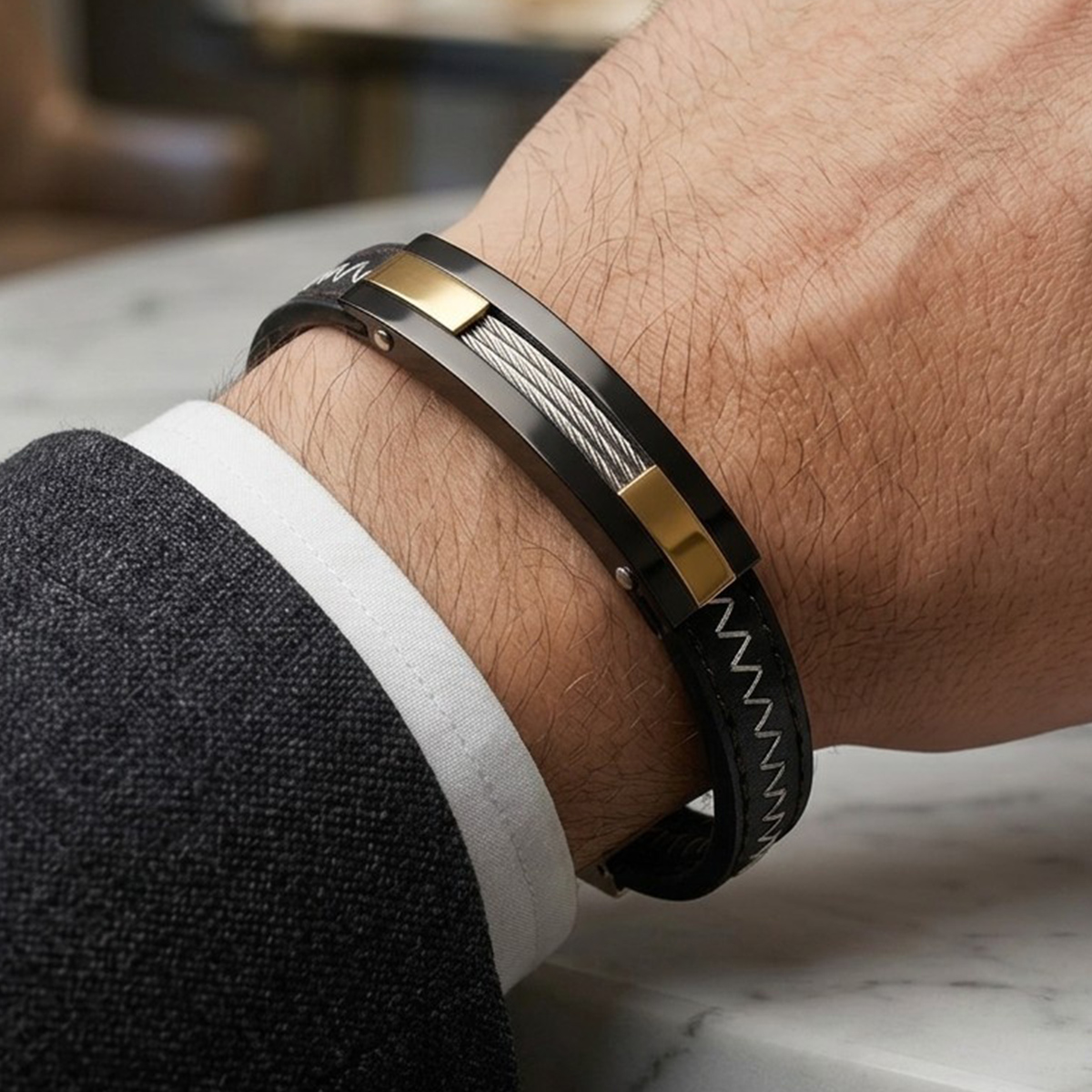 Mens Leather And Metal Bracelet