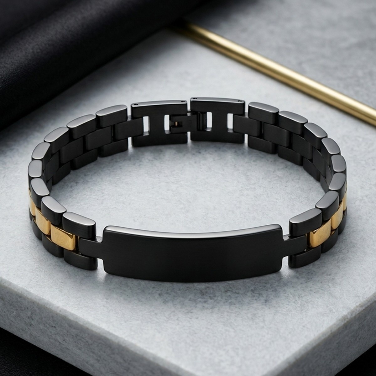 Mens Black and Golden Stainless Steel Bracelet