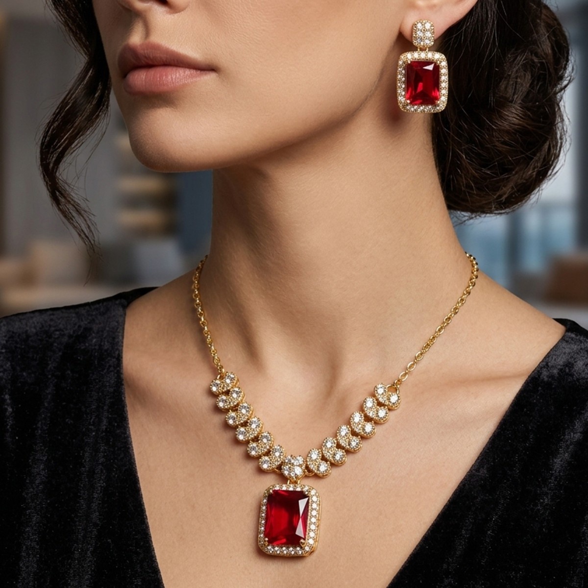 Elegant Golden and Red Gemstone Earring Necklace Set