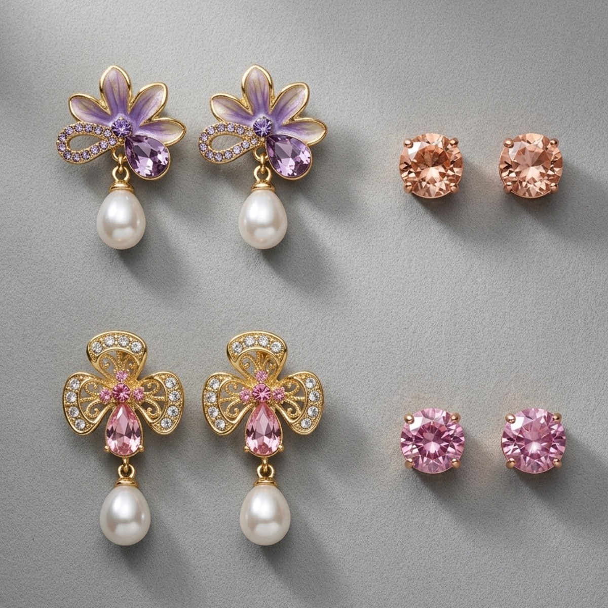 Elegant Floral And Pearl Drop Earrings Set