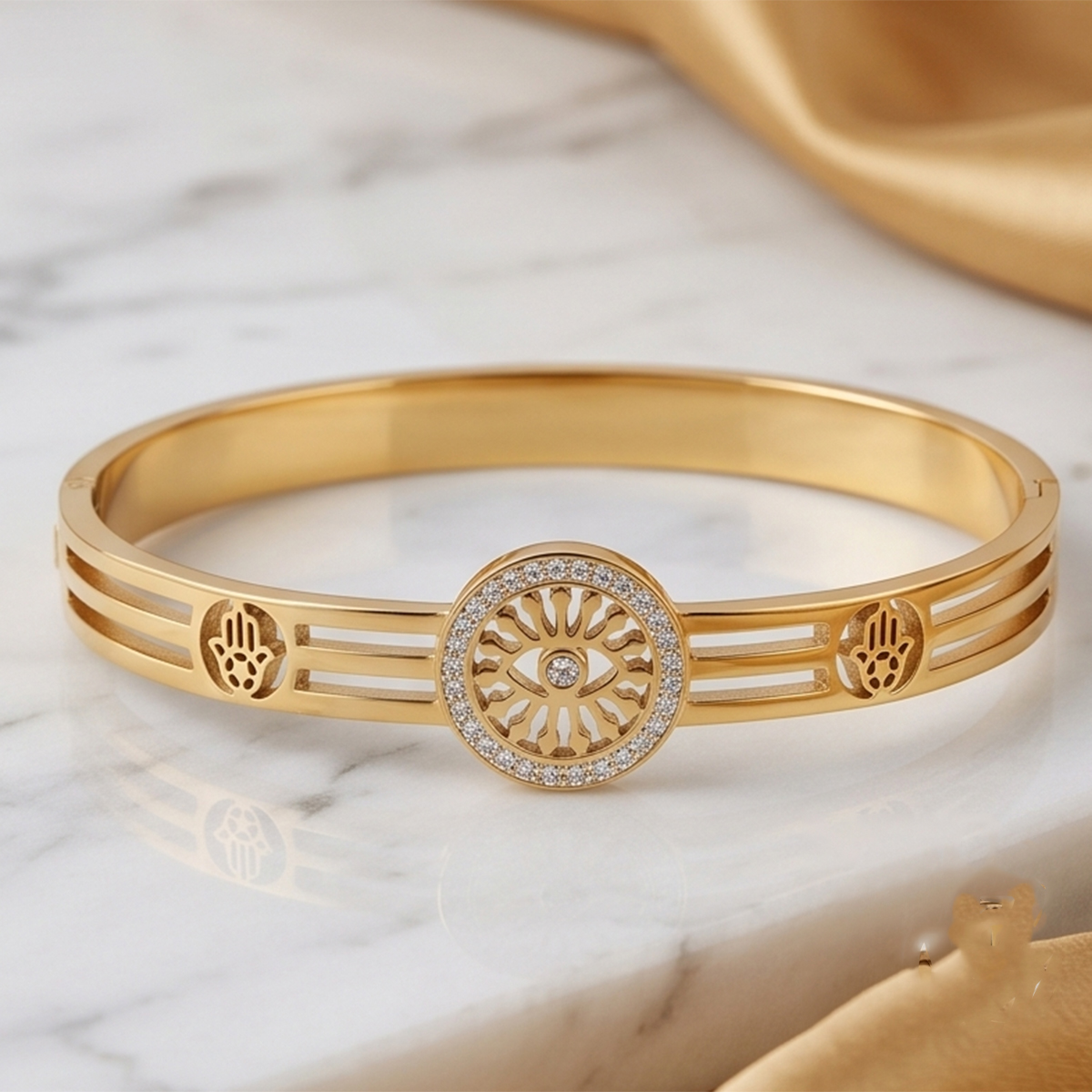 Golden Bangle with Eye and Hamsa Design