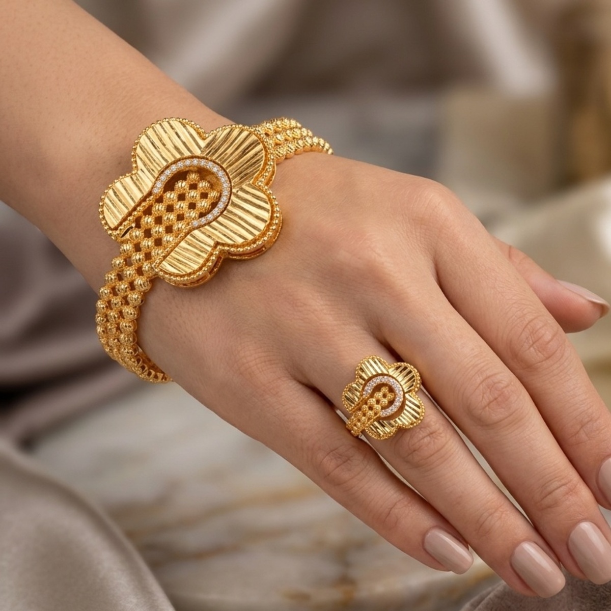 Golden Floral Bangle Set With Ring