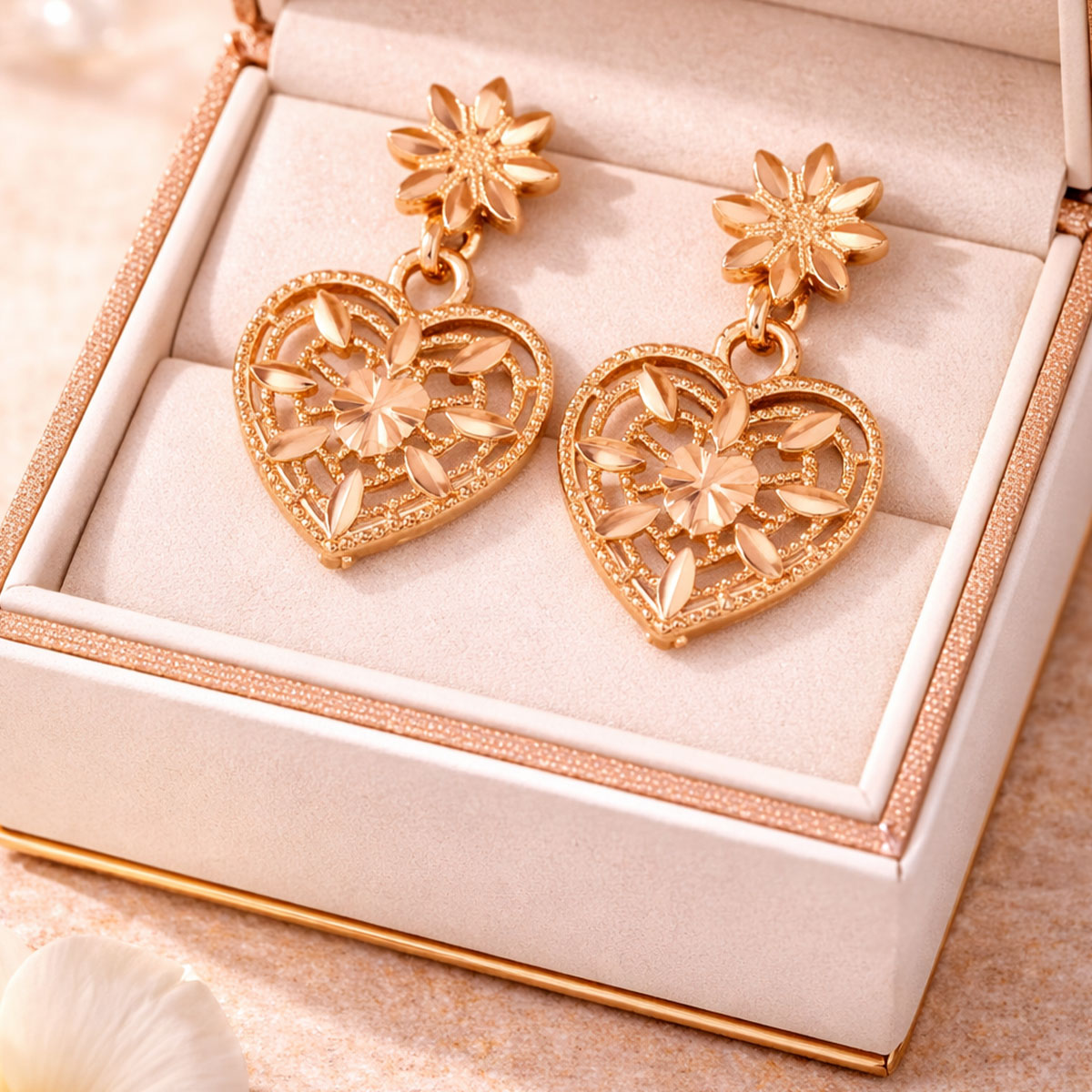 Golden Earrings Flower And Heart