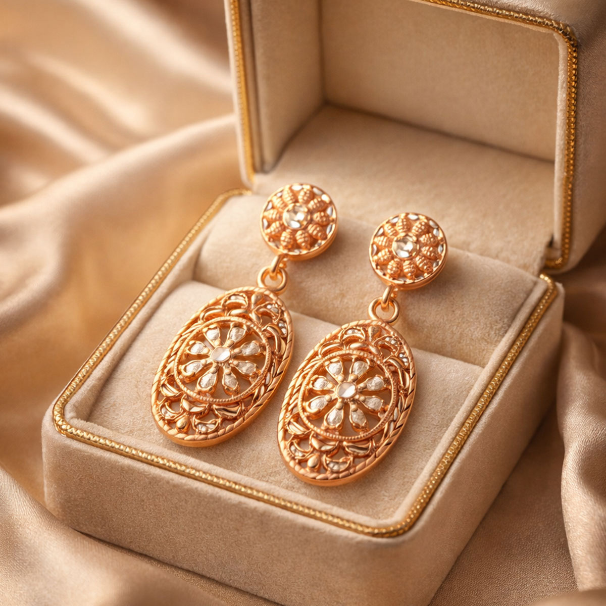 Earrings Golden Flower And Geometric Filigree