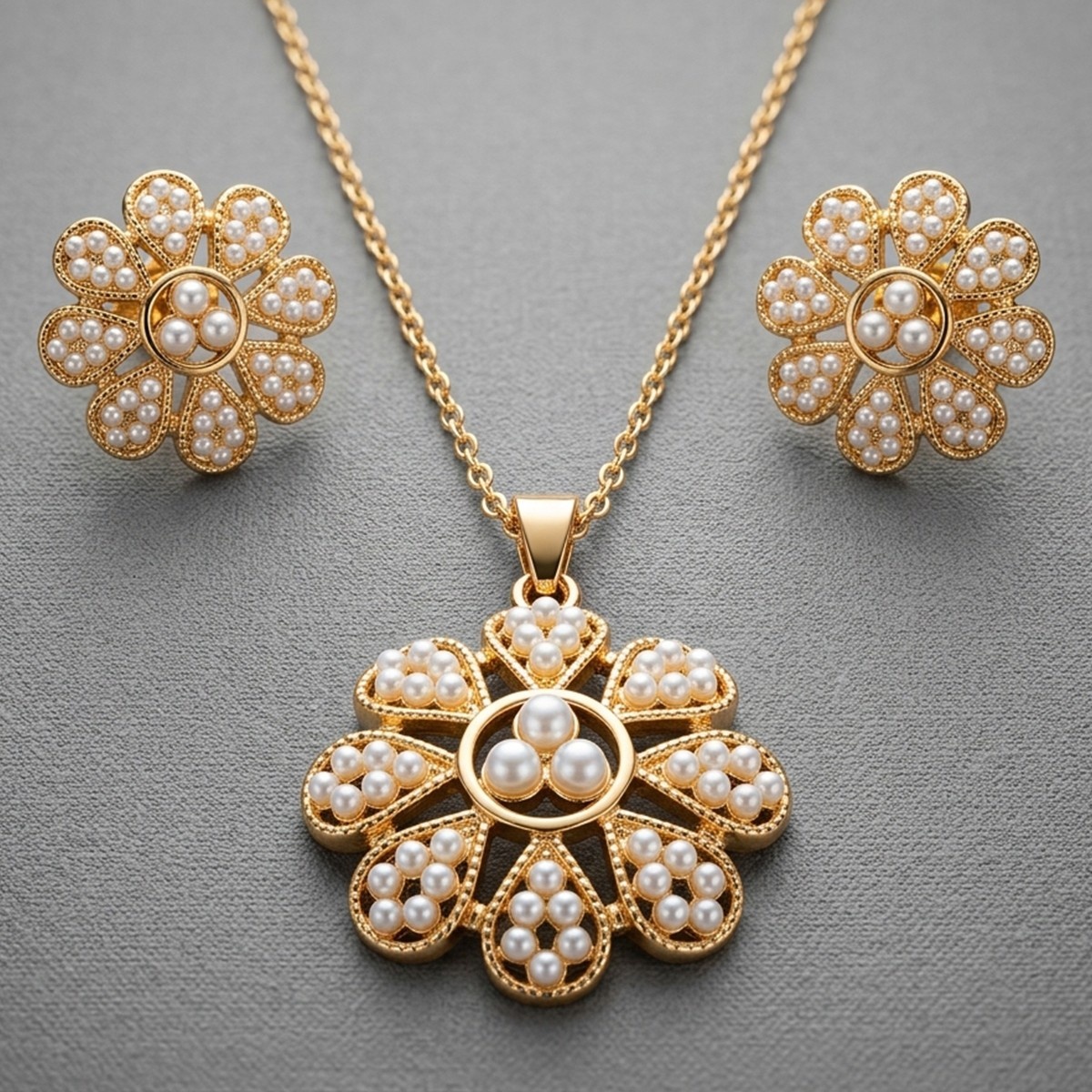 Floral Pearl-Embellished Necklace and Earring Set