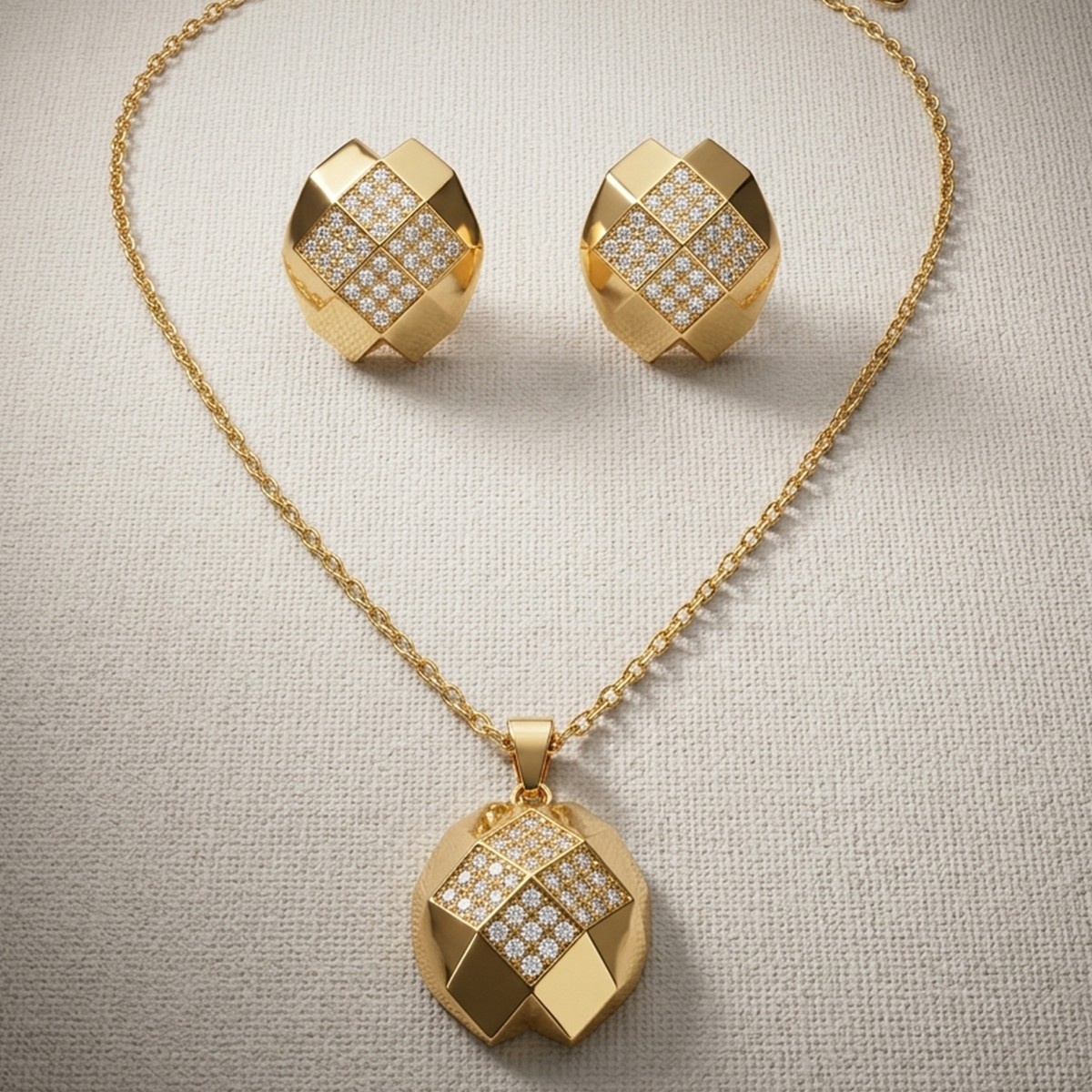 Golden and Diamond Geometric Necklace and Earrings Set