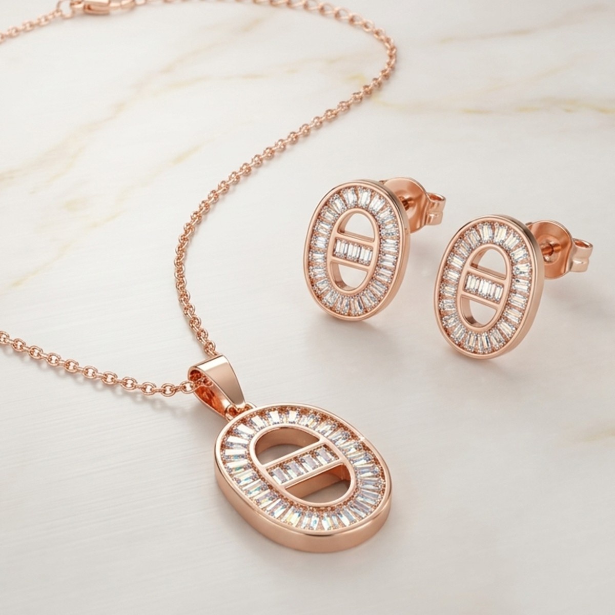 Rose Gold Oval Pendant Necklace and Earrings Set