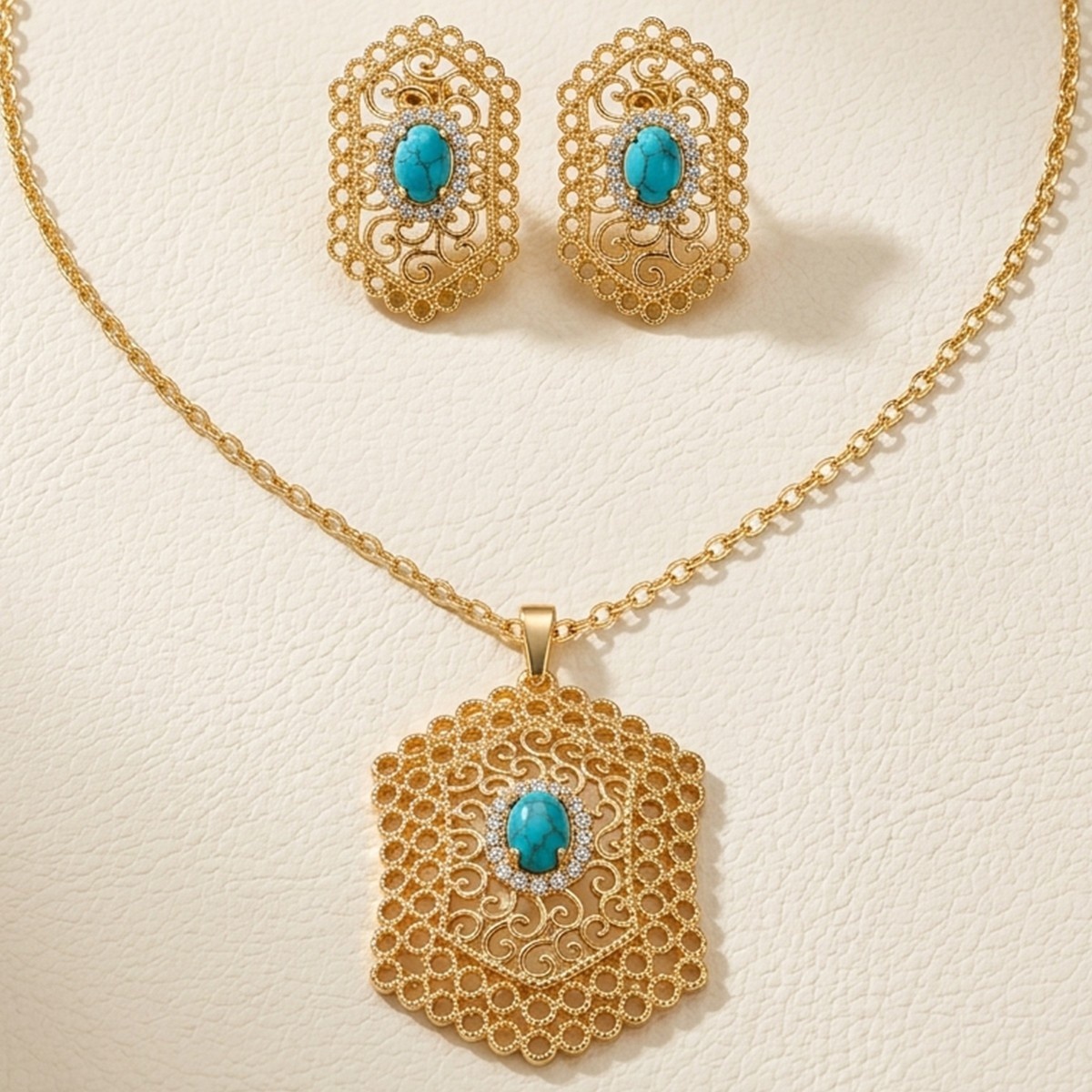Golden Filigree Necklace and Earring Set with Turquoise Stone
