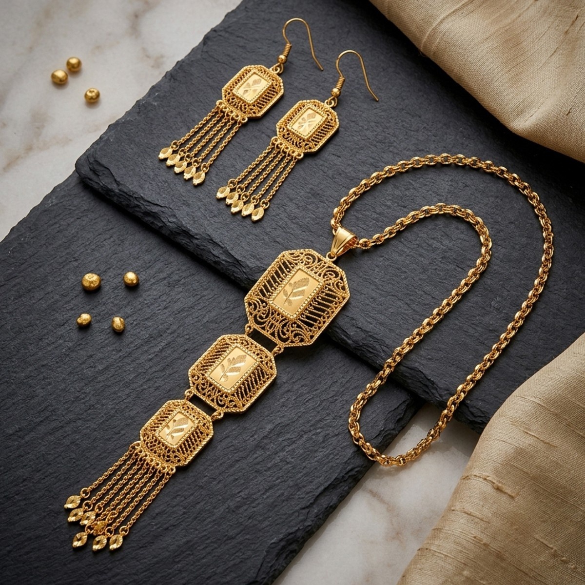 Golden Filigree Necklace and Earrings Set
