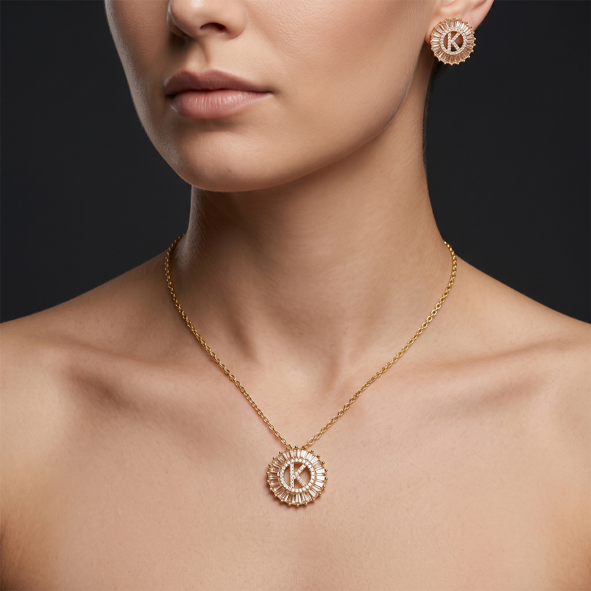 Golden Necklace And Earring Set With Initial K