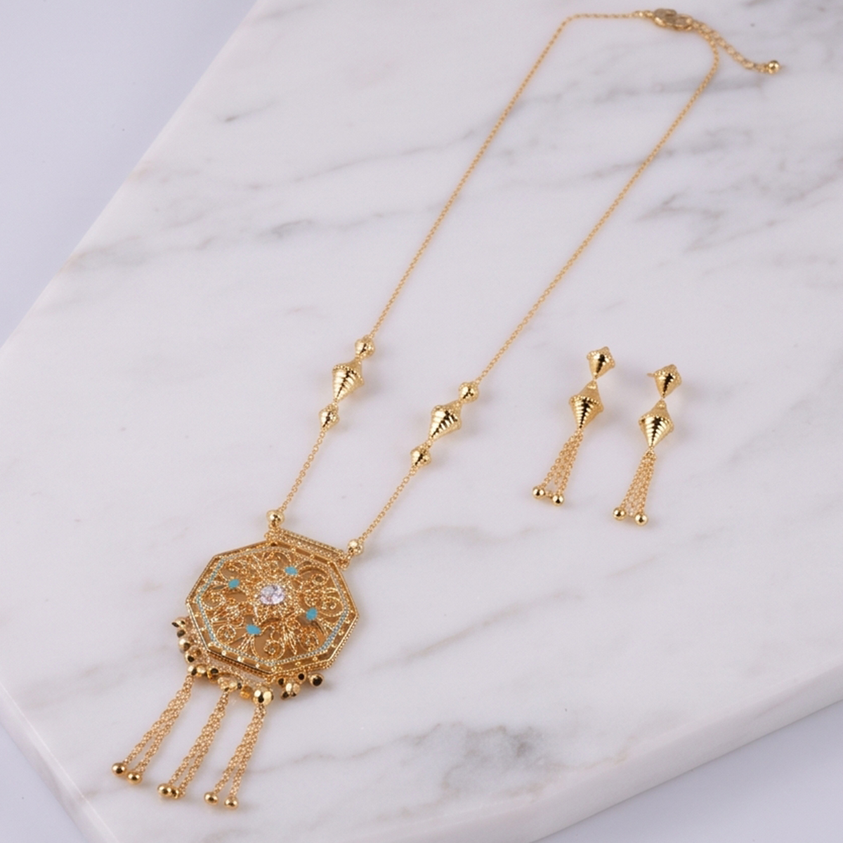 Golden-Tone Filigree Necklace and Earrings Set For Women