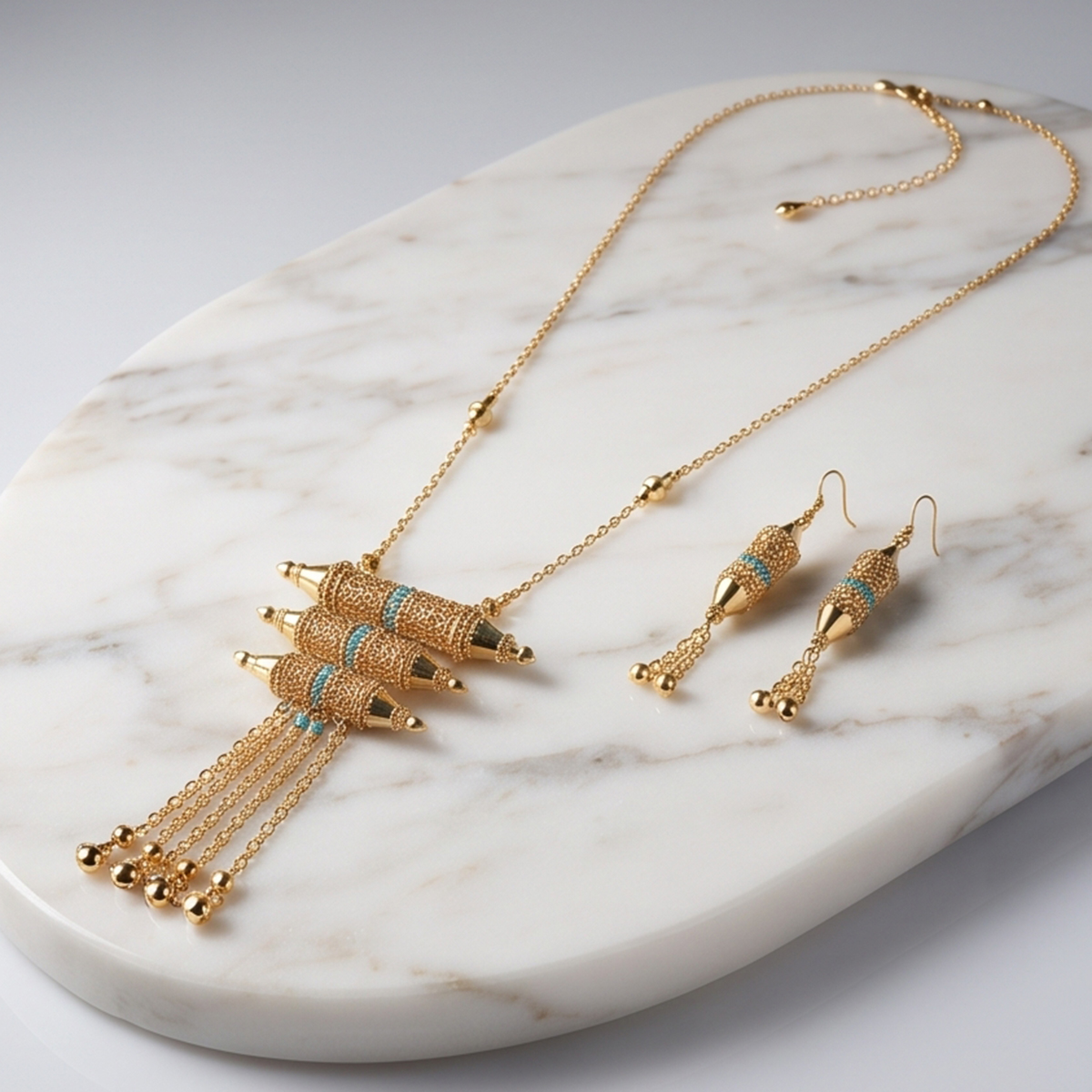 Golden and Turquoise Long Necklace Earring Set For Women