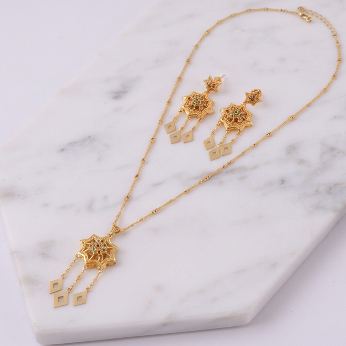Golden Star Pendant Necklace and Earring Set For Women