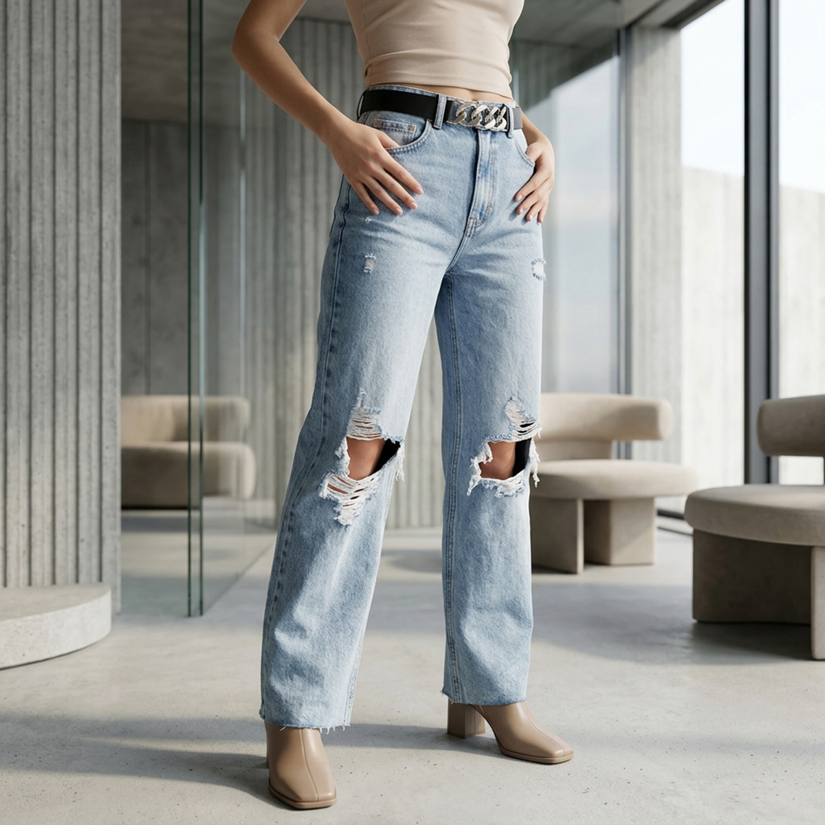 Ladies Jeans Pants Ripped