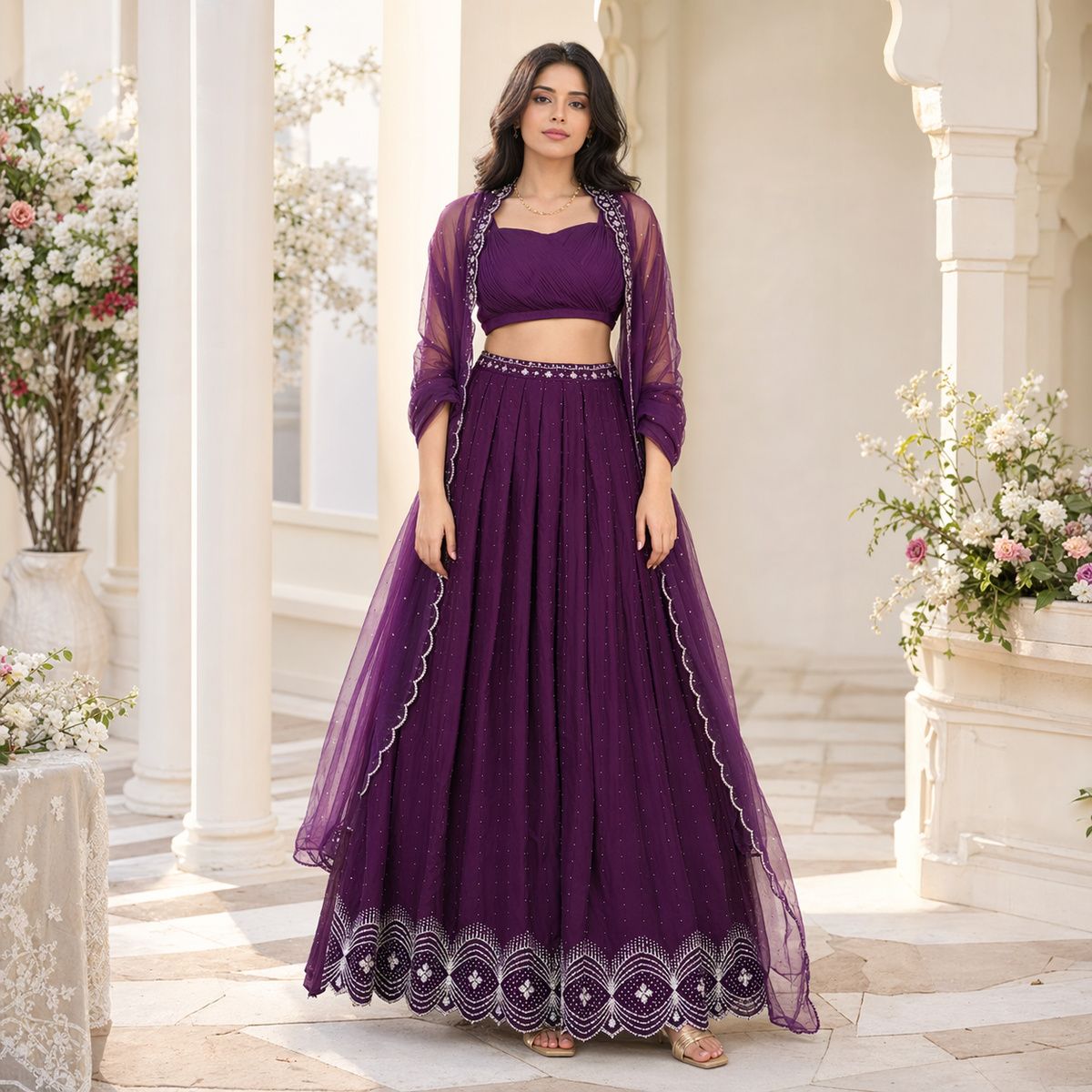 شبكة لاهينجا تشولي للسيدات باللون الأرجواني الداكن 3.5 متر | السيدات | ملابس النساء | Women Ethnic Wear شبكة لاهينجا تشولي للسيدات باللون الأرجواني الداكن 3.5 متر | السيدات | ملابس النساء | Women Ethnic Wear