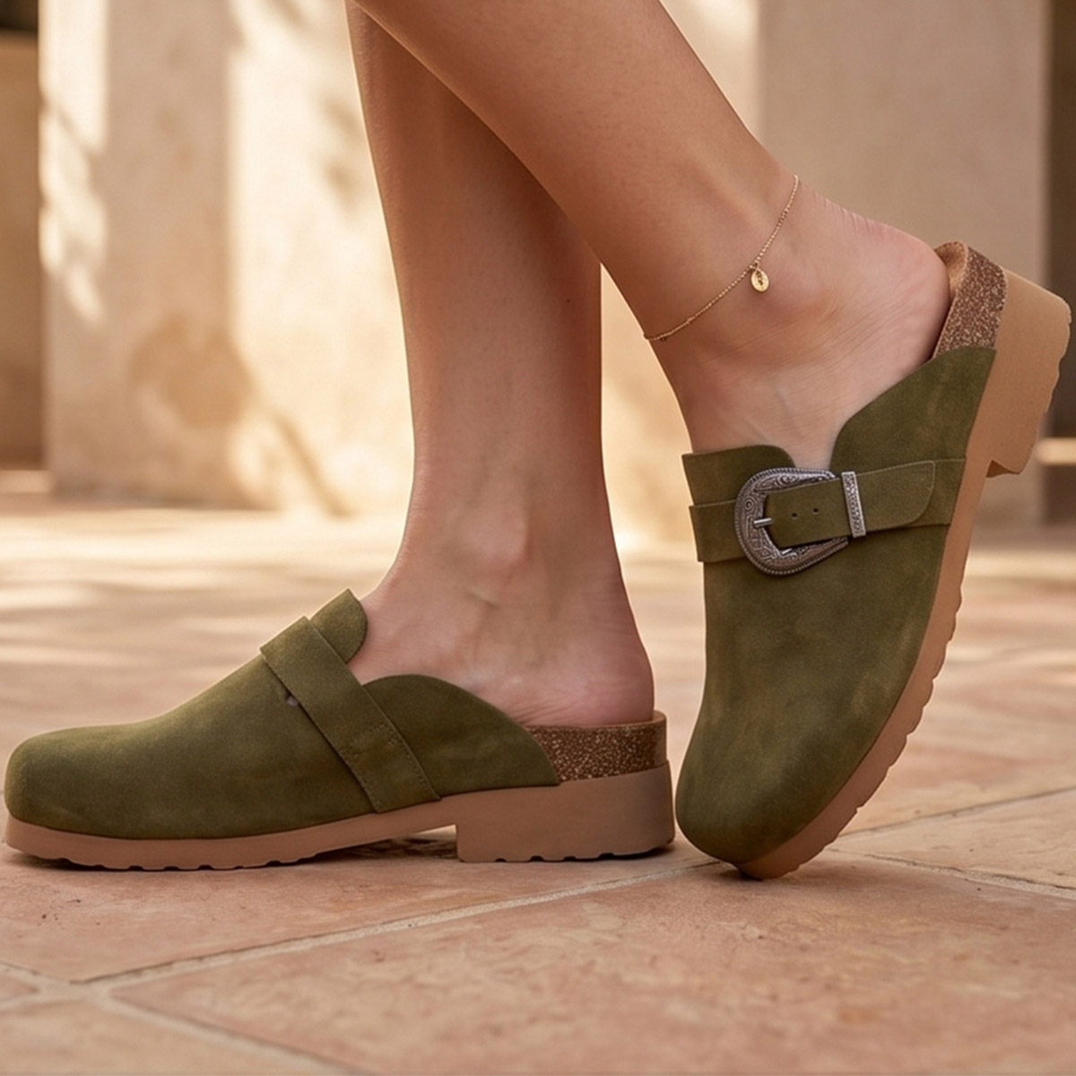 Ladies Sabu Flat Suede Army Green