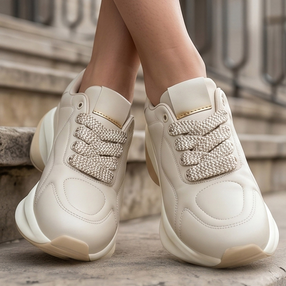 Ladies Sport Shoes With Lace Beige
