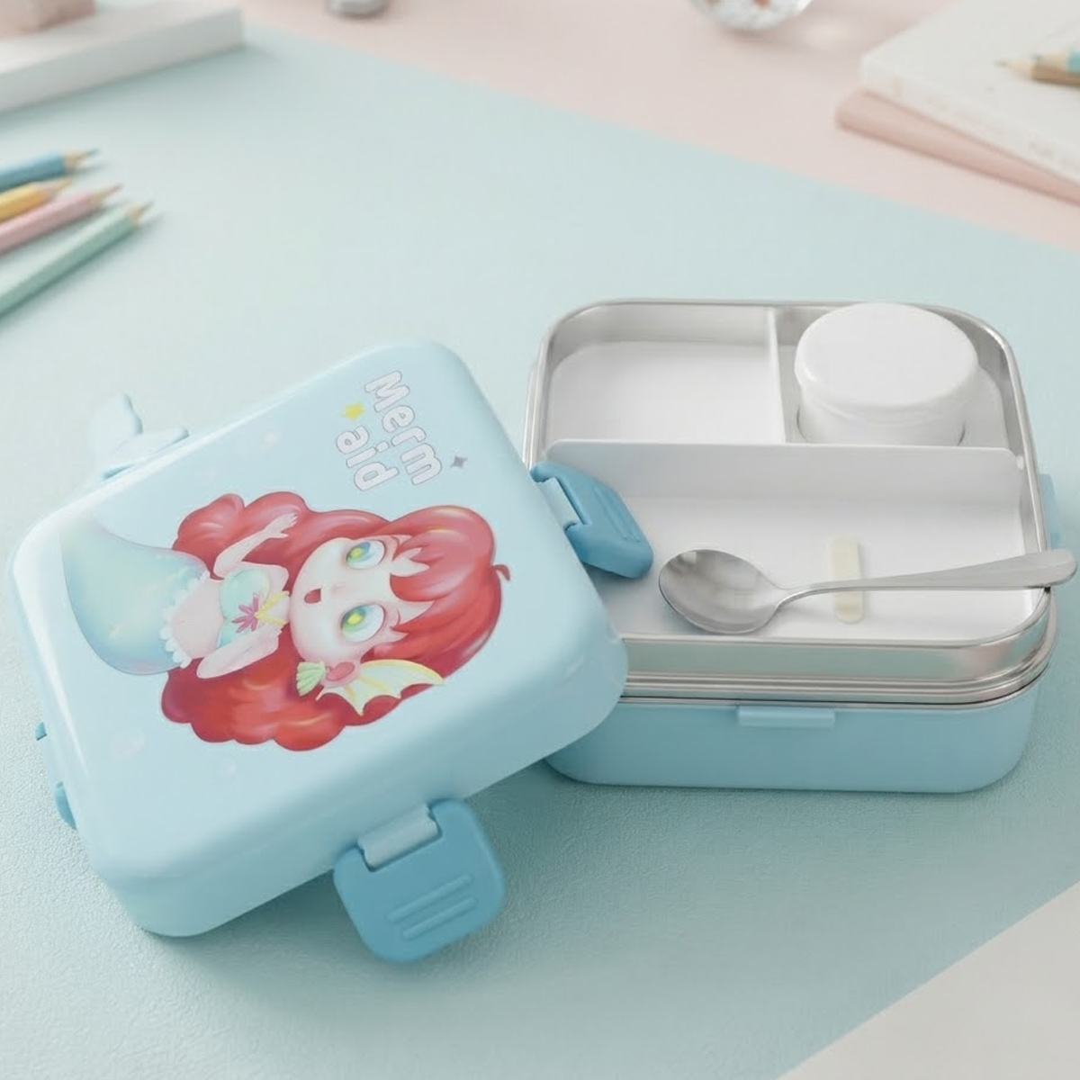 Cute Mermaid Themed Lunch Box Stainless Steel Blue