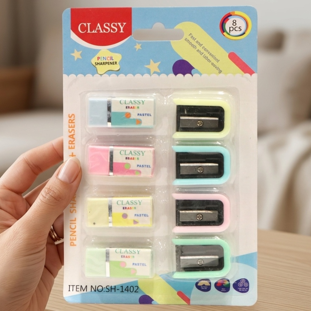 Classy Pencil Sharpener and Eraser Set 8 Pieces