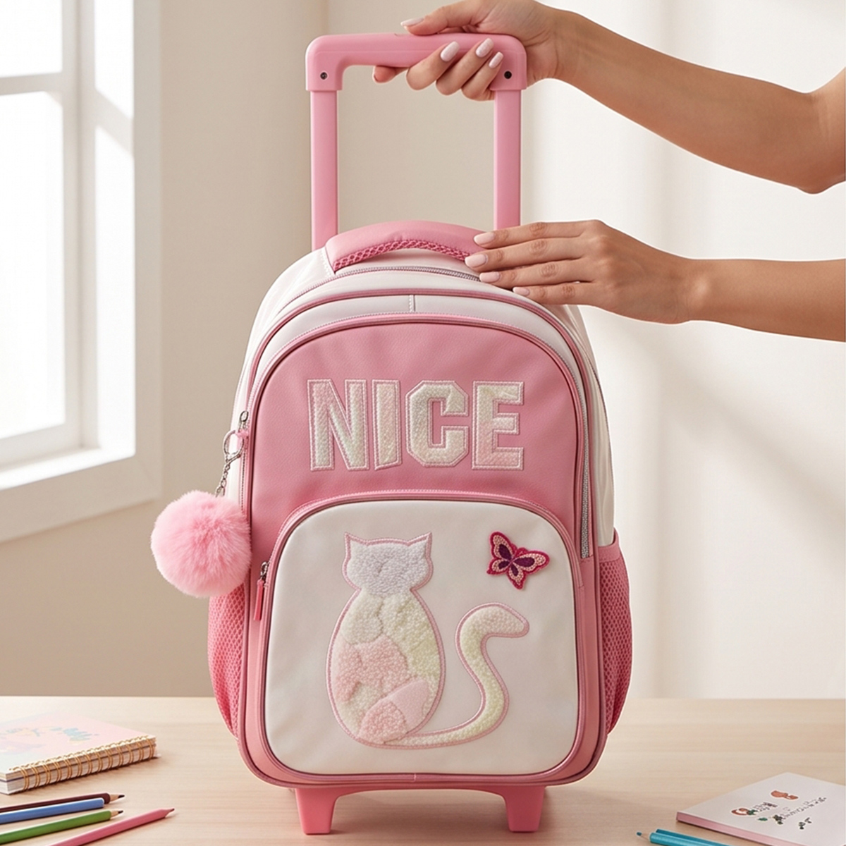 Cute Cat & Butterfly Themed Rolling Backpack Pink For Girls