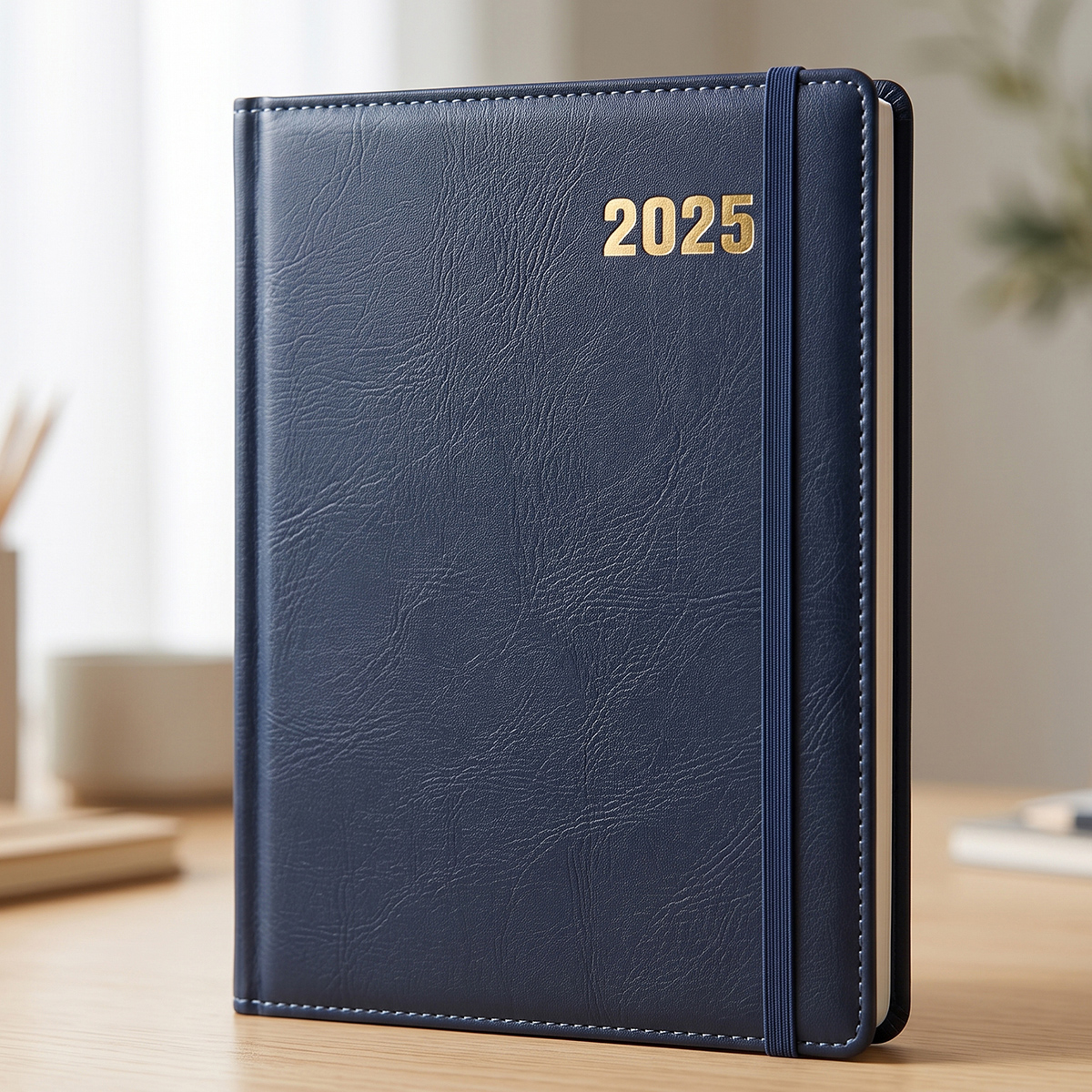 2025 Blue Leather Texture Cover A5 Size Diary With Strap 