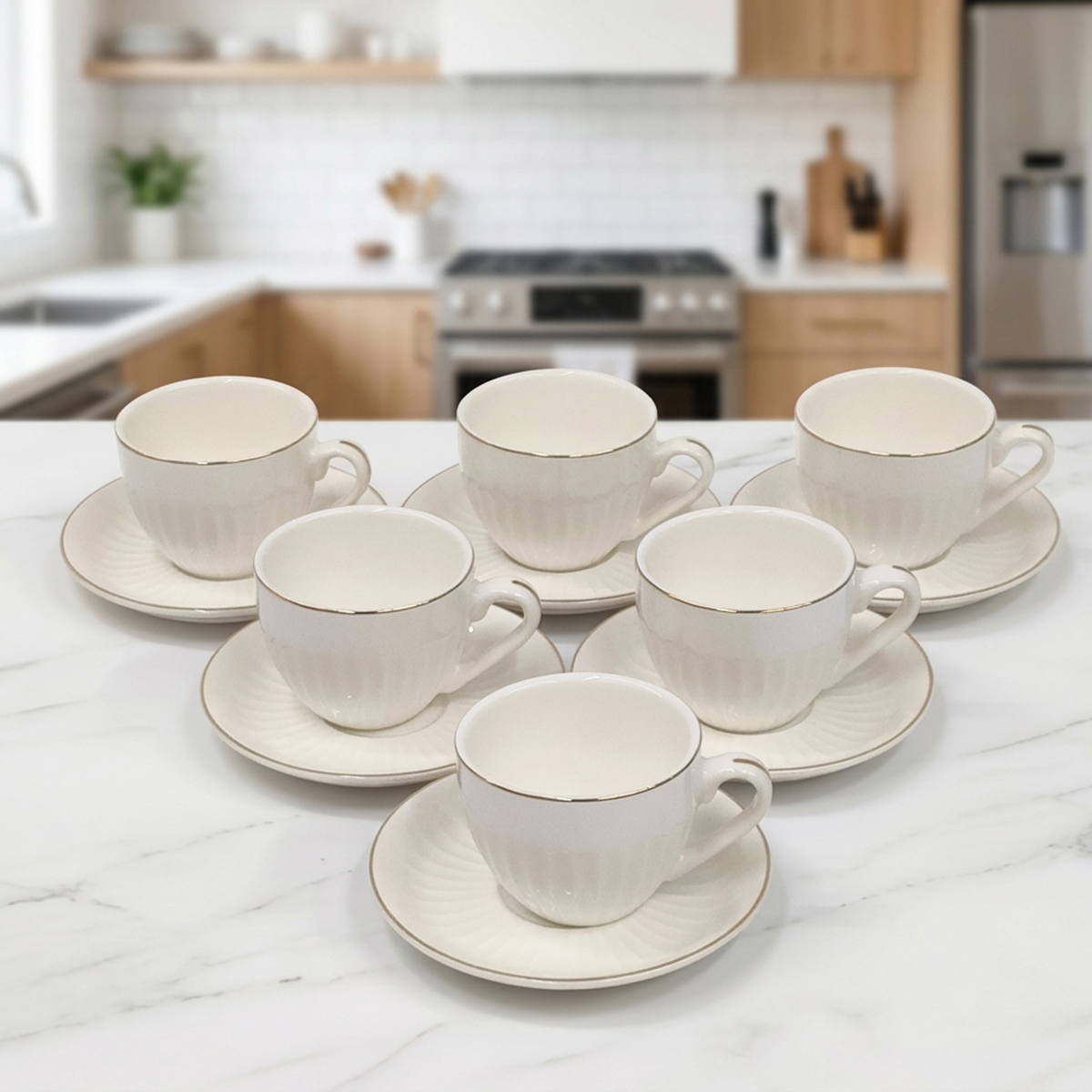 Elegant Fluted White Cup With Saucer 12 Piece Set