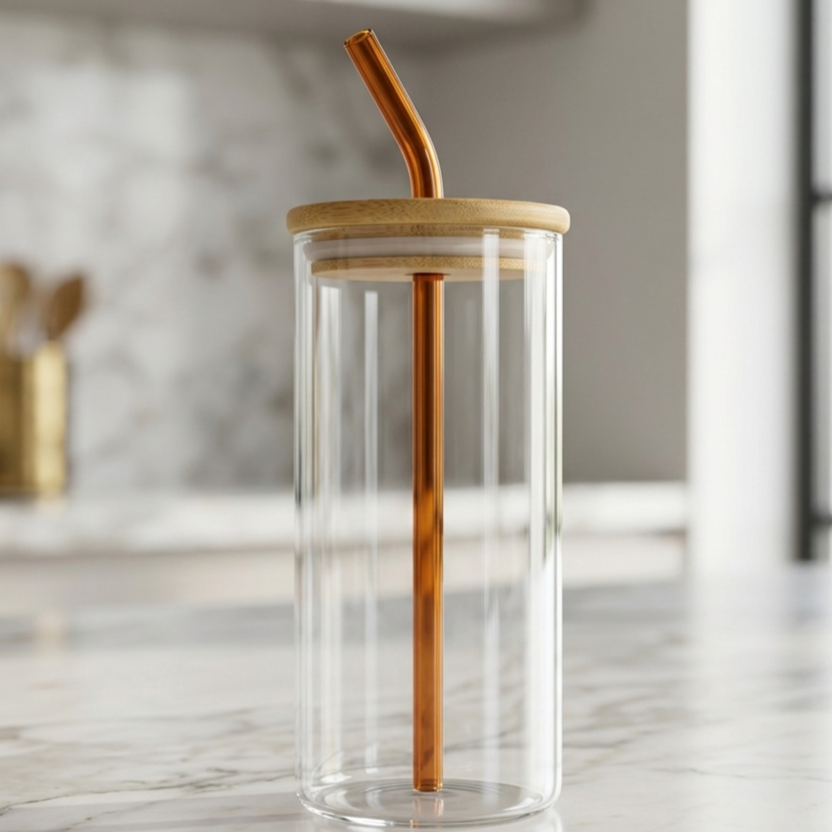 Glass Tumbler with Bamboo Lid and Straw