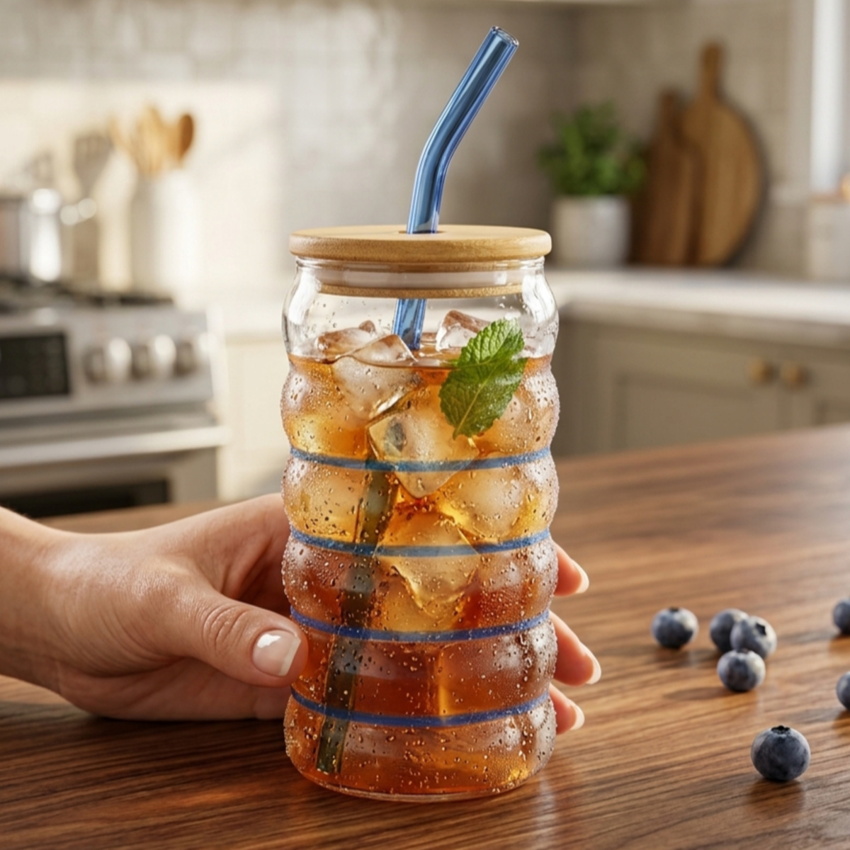 Wavy Bubble Glass Tumbler with Bamboo Lid