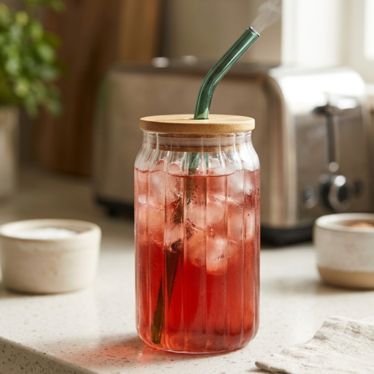 Ribbed Can Shaped Glass Cup with Bamboo Lid