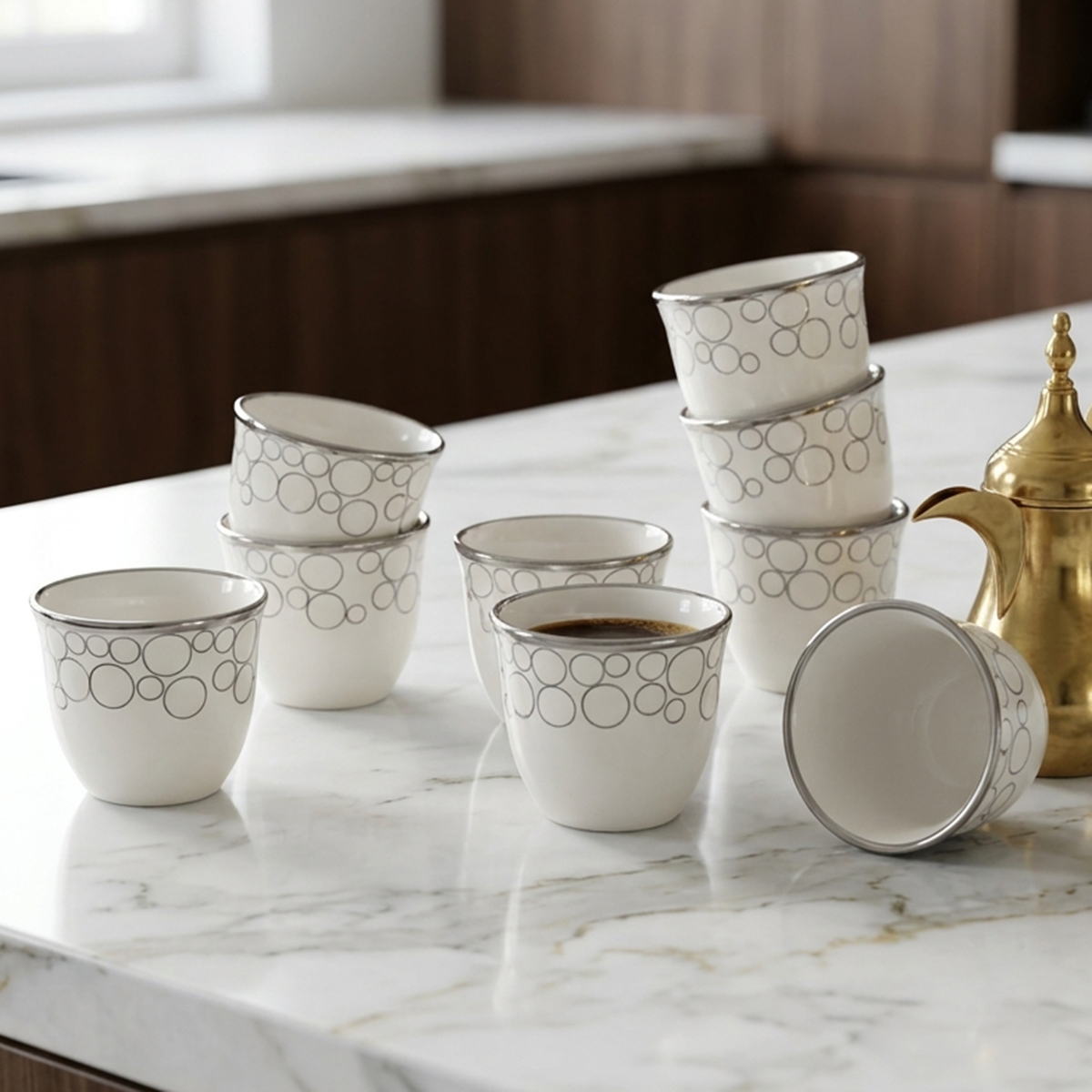 Silver Rim & Circle Pattern White 80cc Cawa Cup Set 12 Pieces Set